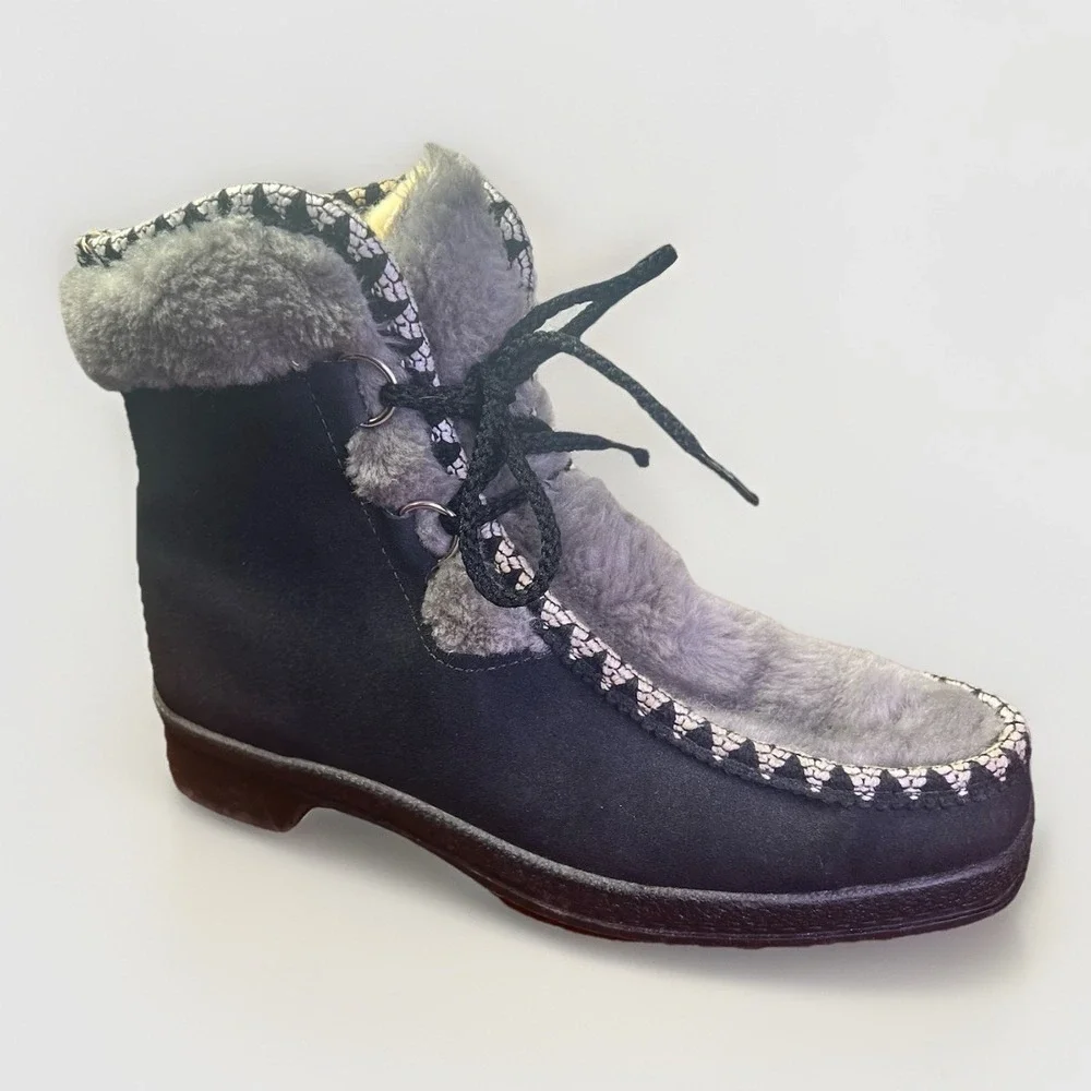 Vintage 60s Snowland Fleece Lined‎ Suede Leather Nordic Snow Boots Black Size 8